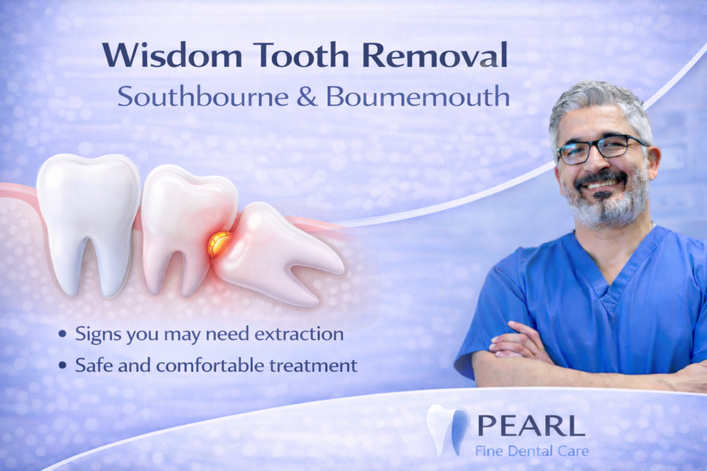 Wisdom tooth removal Southbourne Bournemouth – dental graphic explaining impacted wisdom teeth and extraction treatment at Pearl Fine Dental Care.