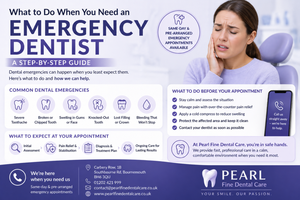 Emergency dentist Southbourne Bournemouth guide showing patient with tooth pain and dental treatment at Pearl Fine Dental Care.